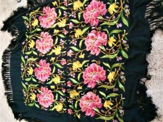 Antique European Silk Piano Shawl With Gorgeous Embroidered Flowers Over 100 Yrs