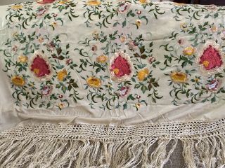 Ornante Vintage Ivory Silk Embroidered Piano Scarf 58 " X51 ",  16” Fringe Shawl