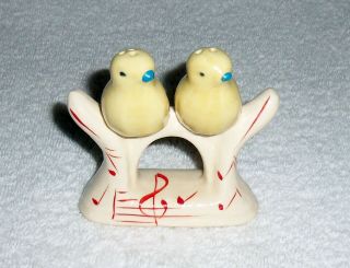 Vintage Ceramic Yellow Birds Perched On Tune Stand 3 Pc Salt & Pepper Shakers
