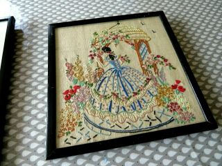 VINTAGE HAND EMBROIDERED PICTURE FRAMED - CRINOLINE LADY & FLOWERS 3