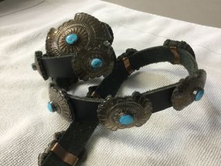 Vintage Sterling Silver And Turquoise Leather Concho Belt Signed