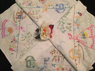 Vintage Hand Embroidered Tablecloth Exquisite Crinoline Ladies Birds & Flowers