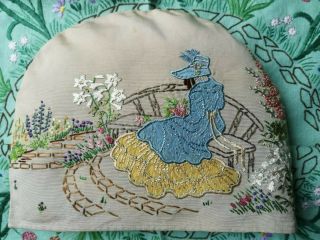 Vintage Embroidered Applique Crinoline Lady Tea Cosy Floral Garden