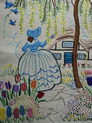 Vintage 30s Hand Embroidered Detailed Crinoline Lady Panel Blue Birds Cottage