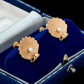 Antique Vintage Art Deco 14k Yellow Gold Seed Pearl Seashell Screw - On Earrings
