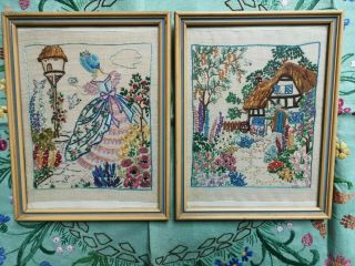 Vintage Embroidered Crinoline Lady,  Cottage Garden Flowers Birds Pictures