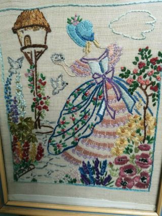 Vintage Embroidered Crinoline Lady,  cottage garden flowers birds pictures 2