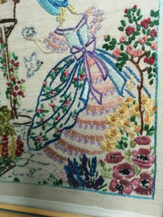 Vintage Embroidered Crinoline Lady,  cottage garden flowers birds pictures 3