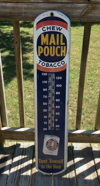 Vtg Chew Mail Pouch Tobacco Thermometer Metal Sign 39x8 Advertising Tobbaciana