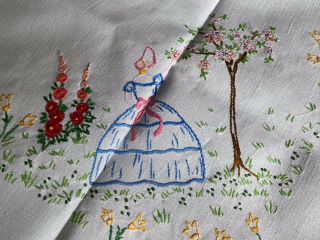 Vintage Crinoline Lady Hand Embroidered Linen Tablecloth & Tray Cloth