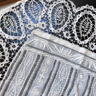 Antique Bobbin Lace Handmade Trim Edge Cotton Embroidered Table Cover Whitework