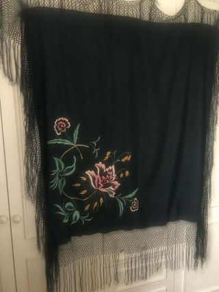 Antique Vintage Piano Shawl Black Silk Embroidered Flowers