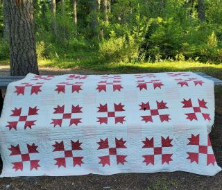 Antique Quilt Bear Paw Pattern Red White Hand Stitched Handmade 68 " X85 " Vintage