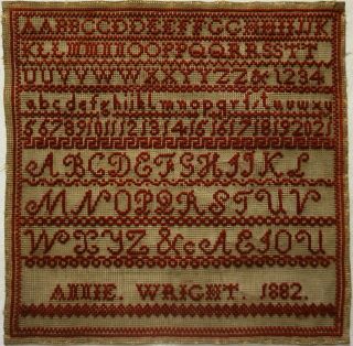 Late 19th Century Red Stitch Work Alphabet Sampler By Annie Wright - 1882