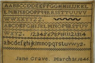 Mid 19th Century Black Stitch Work Alphabet Sampler By Jane Grave - 1846