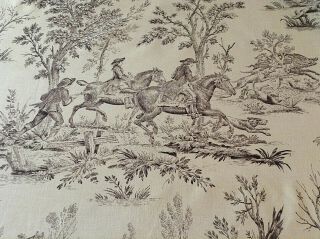 Antique Vintage French Toile De Jouy Copper Printed Fabric Cotton 1910 Hunting