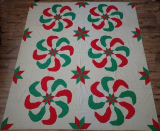 Princess Feathers Vintage Red & Green Applique Quilt Top 87x78