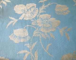 Antique Vtg.  French Poppy Floral Cotton Linen Damask Ticking Fabric Sky Blue