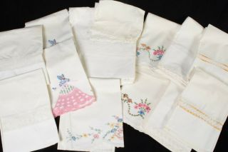 13 - Pc Vintage Embroidered Linens 11 Pillow Cases 1 Sheet 1 Kerchief