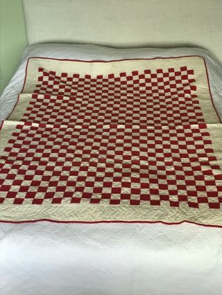 Vintage Farmhouse Red White Checkerboard Hand Made Quilt 49 X 64