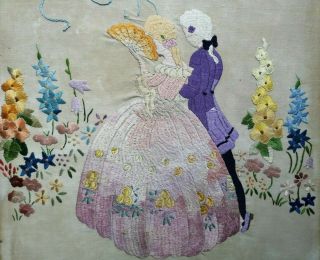 Vintage Hand Embroidered Large Panel Crinoline Lady And Beau Floral Repurposing