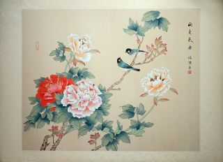 Asian Watercolor On Silk Paper,  Vintage Chinese Painting,  Pair Birds And Peony