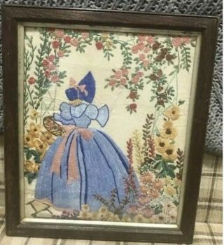 Vintage Hand Embroidered Picture Of Embroidered Crinoline Lady - Framed