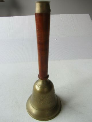 Vintage Etched Brass Wood Handle Hand Teacher,  School,  Christmas Bell 10 " Long