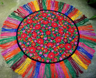 Giant Hungarian Antique Hand Embroidered Silk Matyo ˇround Tablecloth 59 "