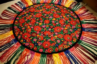 GIANT Hungarian Antique Hand Embroidered Silk MATYO ˇround Tablecloth 59 