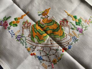 Vintage Crinoline Lady Hand Embroidered Cream Irish Linen Table Cloth