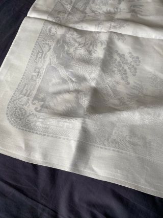 Vintage Irish Linen Double Damask Willow Pattern Large Oblong Tablecloth