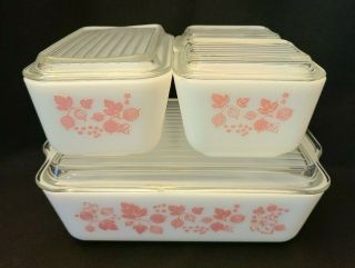Vtg Set Of 4 Pyrex Pink Gooseberry Refrigerator Dishes 501,  502,  503 W/ Lids