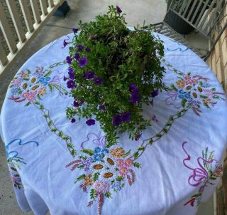 Vintage Hand Embroidered - Floral Tablecloth Exquisite Raised Embroidery