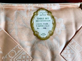 Vintage Boxed Peach Irish Cotton Rayon Damask Tablecloth 4 Napkins