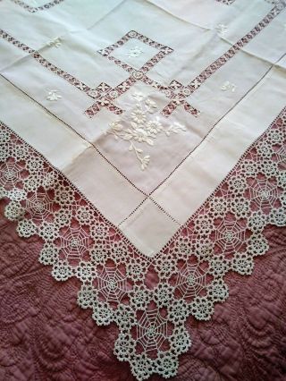 Elaborate Italian / Irish Needle Lace,  Drawnwork,  Embroidered Tablecloth 44 " X43 "