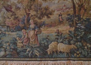 Antique Vintage Pastoral Tapestry Long Wall Hanging Church Sheep Bridge People