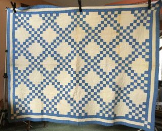 Vintage Blue & White Double Irish Chain Quilt - Machine Pieced & Hand Quilted