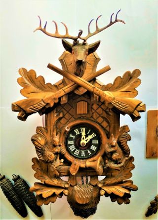 Vintage Rare 8 Day German Black Forest Cuckoo Clock Hunter - Schlagabschaltung