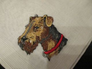 Vintage Hand Embroidered Airedale Or Wire Fox Terrier Dog Hanky