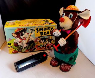 Vintage Tinplate Battery - Operated Smoky Bear Wt Remote,  Marusan,  Japan.  Exib