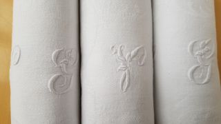 Antique French Pure Linen Damask Tablecloth,  10 Xl Napkins Hand Monogram Vg