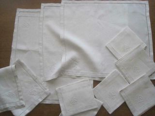 12 Vintage French Pure Linen Napkins,  Hand Stitched,  Ms,  Sw Monograms