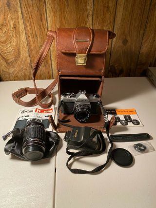 Pentax K1000 35mm Slr Film Camera Vintage Bundle,  2 Lenses,  Flash,  Branded Case