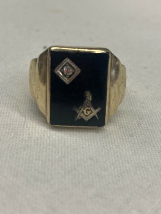 Vintage 10k Gold Mens Masonic Ring,  Onyx With Diamond,  Size 11