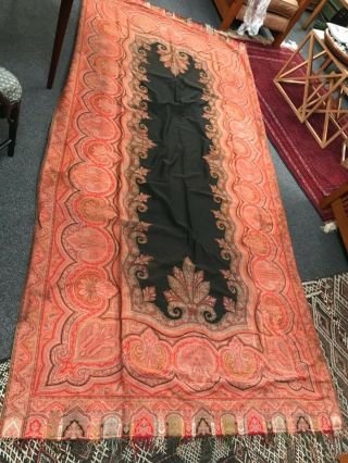 Large 10 X 5 Foot Victorian Paisley Shawl Wool Black Center Lined Vintage As - Is