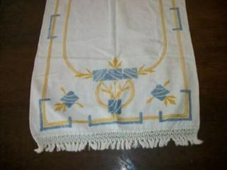 Antique Arts & Crafts Embroidered Runner Knotted Fringe Large Heavy Cotton
