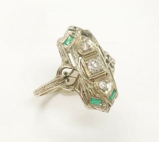 Vintage Art Deco 18k White Gold Filigree Diamond Emerald Ladies Ring To Restore