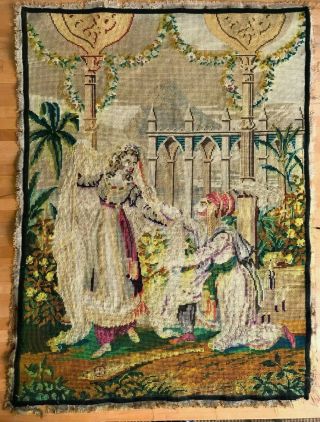Large Antique Victorian Needlepoint Petit Point Tapestry Arabian Night Romantic