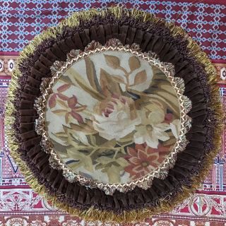 Antique 19c Aubusson French Hand Woven Tapestry Cushion Round 22 " By 22 "
